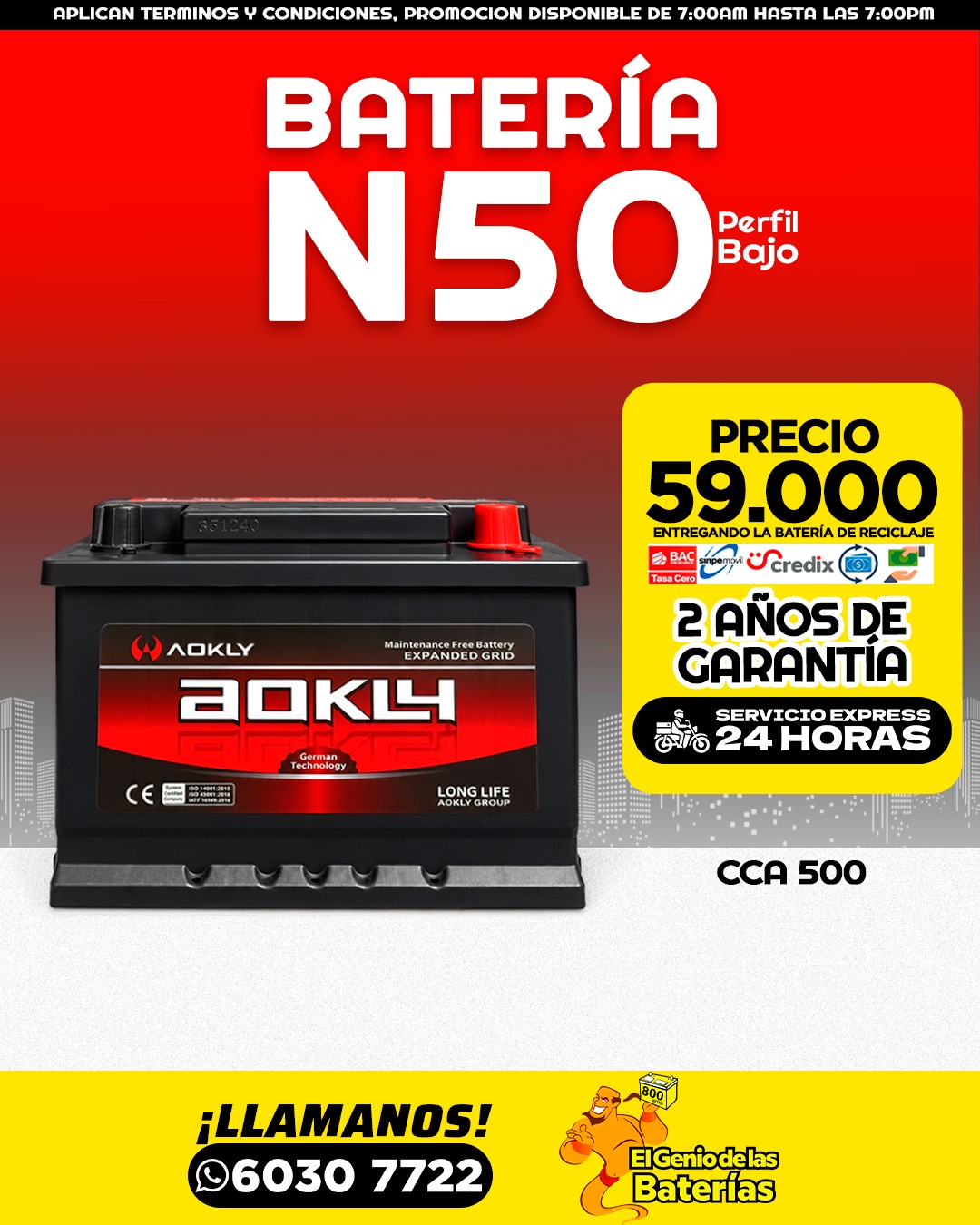 Baterías Aokly Grupo 42R / N50 PERFIL BAJO