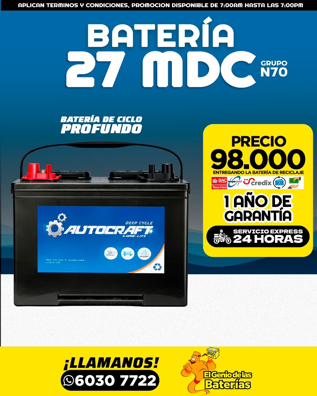 BATERIAS AUTOCRAFT N70 27 SICLADO PROFUNDO  MDC