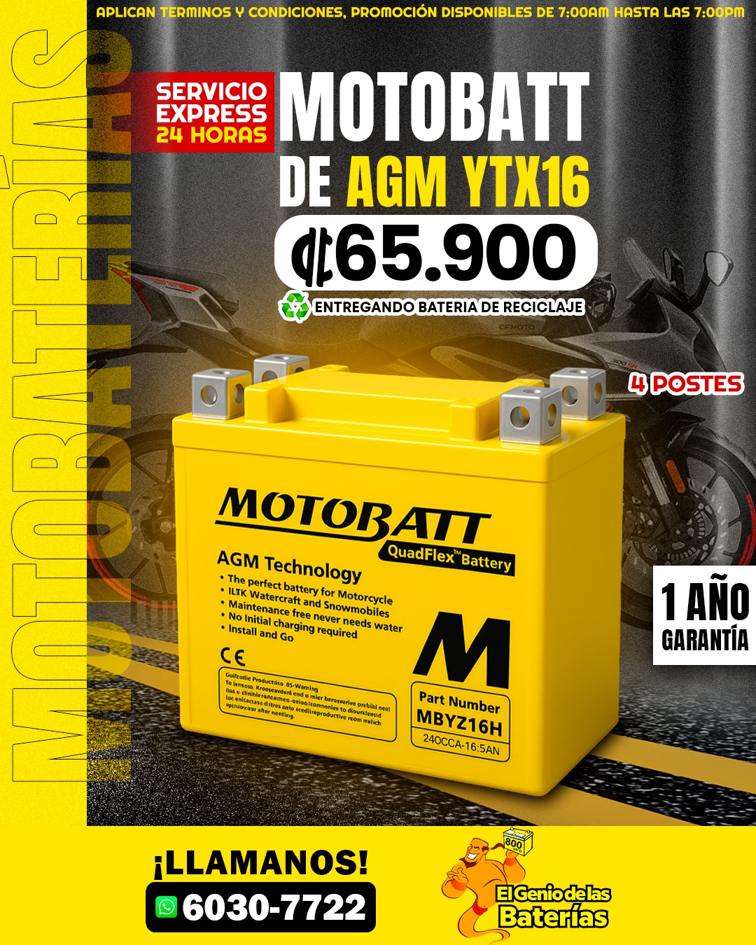 BATERIA MOTOBATT YTX16 AGM 4 POSTES 