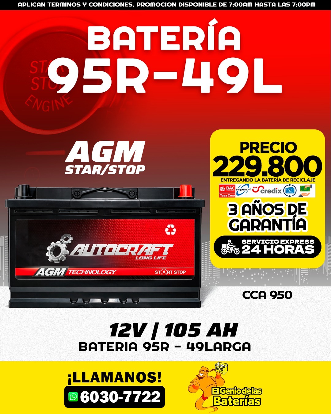 BATERIAS AUTOCRAFT AGM STAR/STOP 95R - 49L