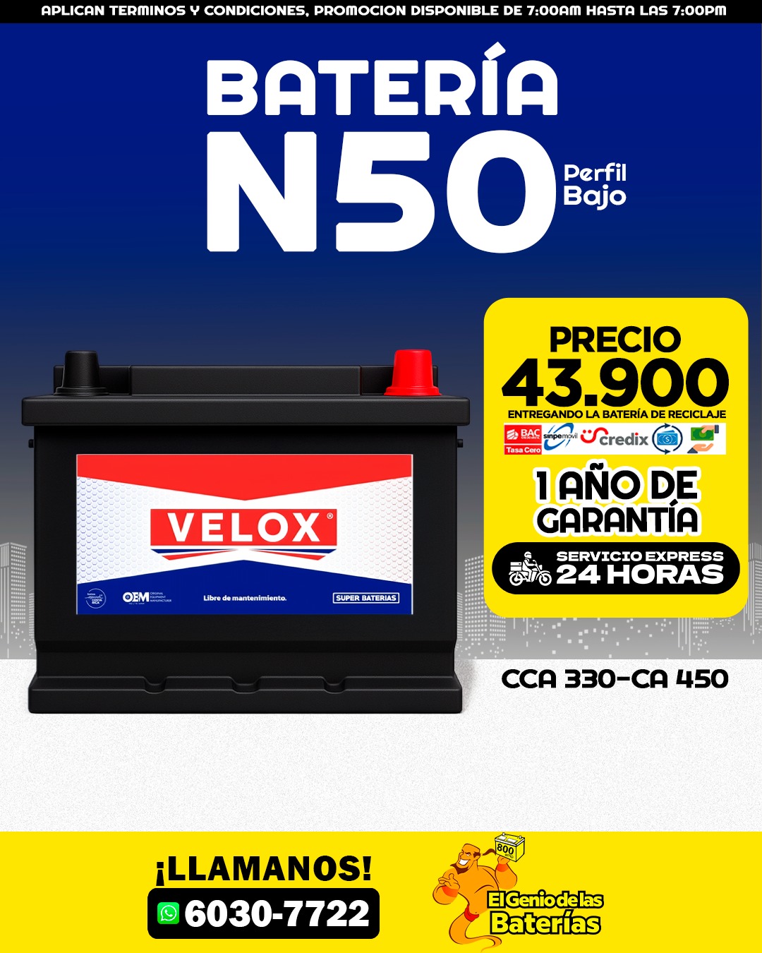Batería Velox 42R/N50 corte bajo