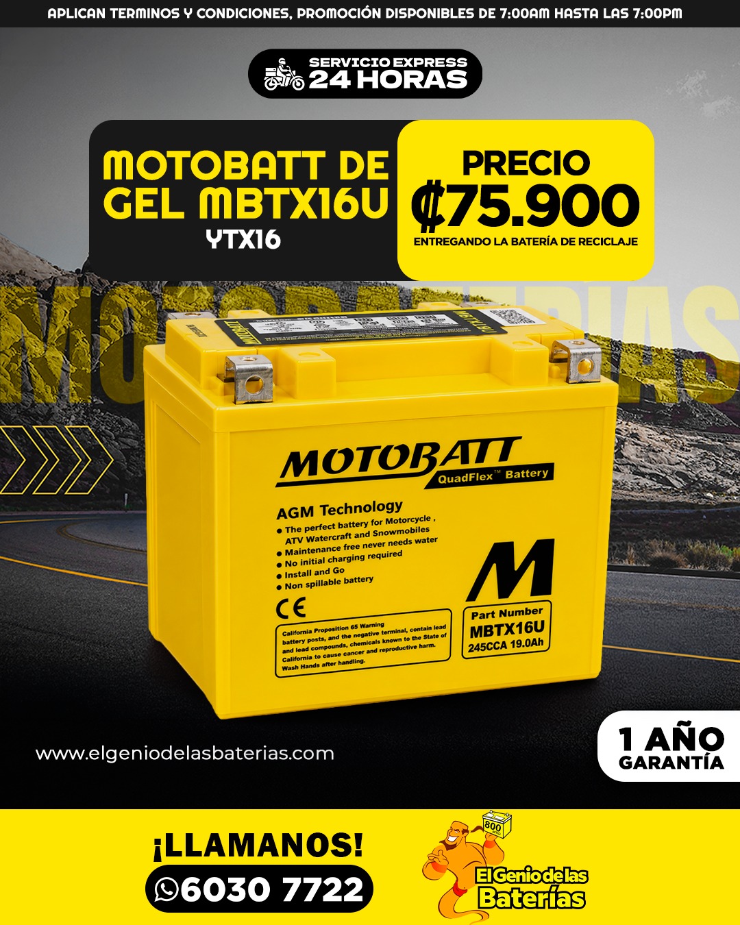 Bateria MOTOBATT - MBTX16U - YTX16