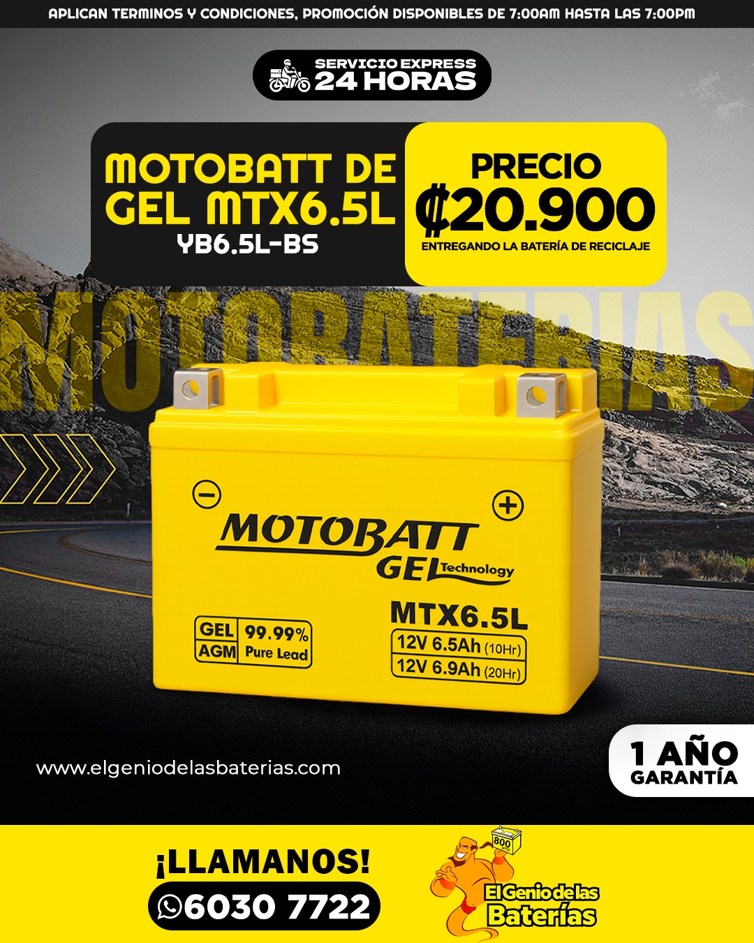Batería MOTOBATT -  MTX6.5L - YB6.5L - BS